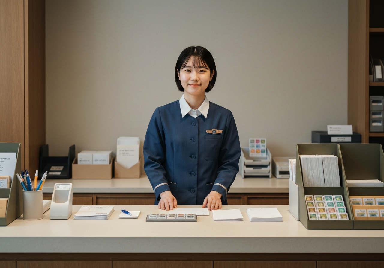 A professional, organized post office counter with a modern minimalist aesthetic, soft natural light, premium editorial style, 85mm lens, high detail, depth of field, no text, no words, no letters