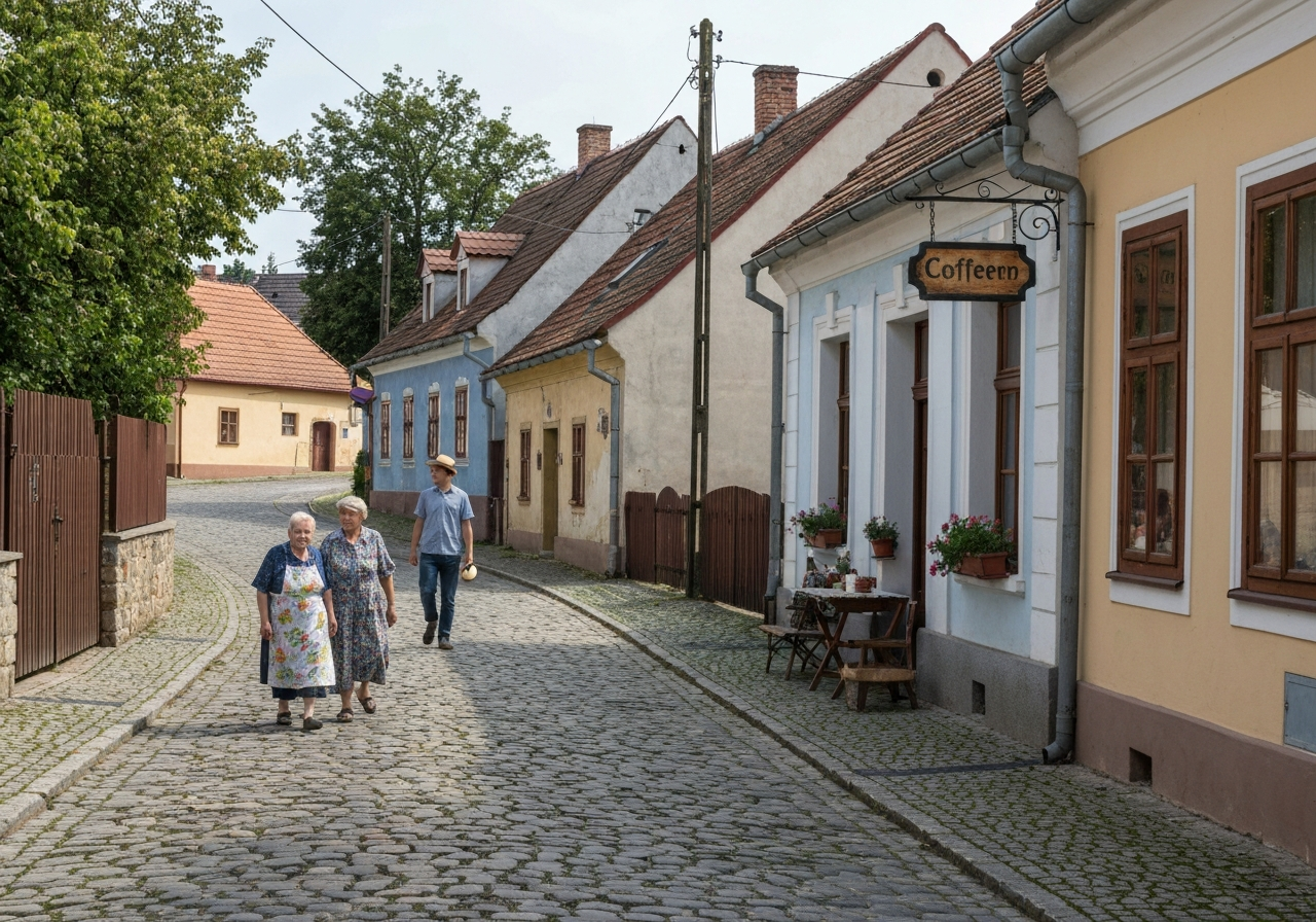 A high-angle split screen shot featuring the iconic architecture of Ostrava-Poruba on one side and a lush, green rural landscape representing a Slovak village on the other, professional editorial photography, clean composition, soft natural light, 85mm lens, high resolution, no text, no letters.