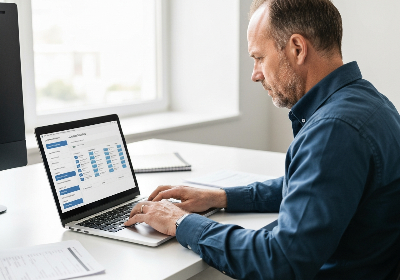 A professional hands typing on a laptop keyboard with a clean, organized desk environment in a bright, modern office, focus on the screen showing a digital address validation interface, editorial photography, soft natural light, 85mm lens, highly detailed, no text, no words, no letters