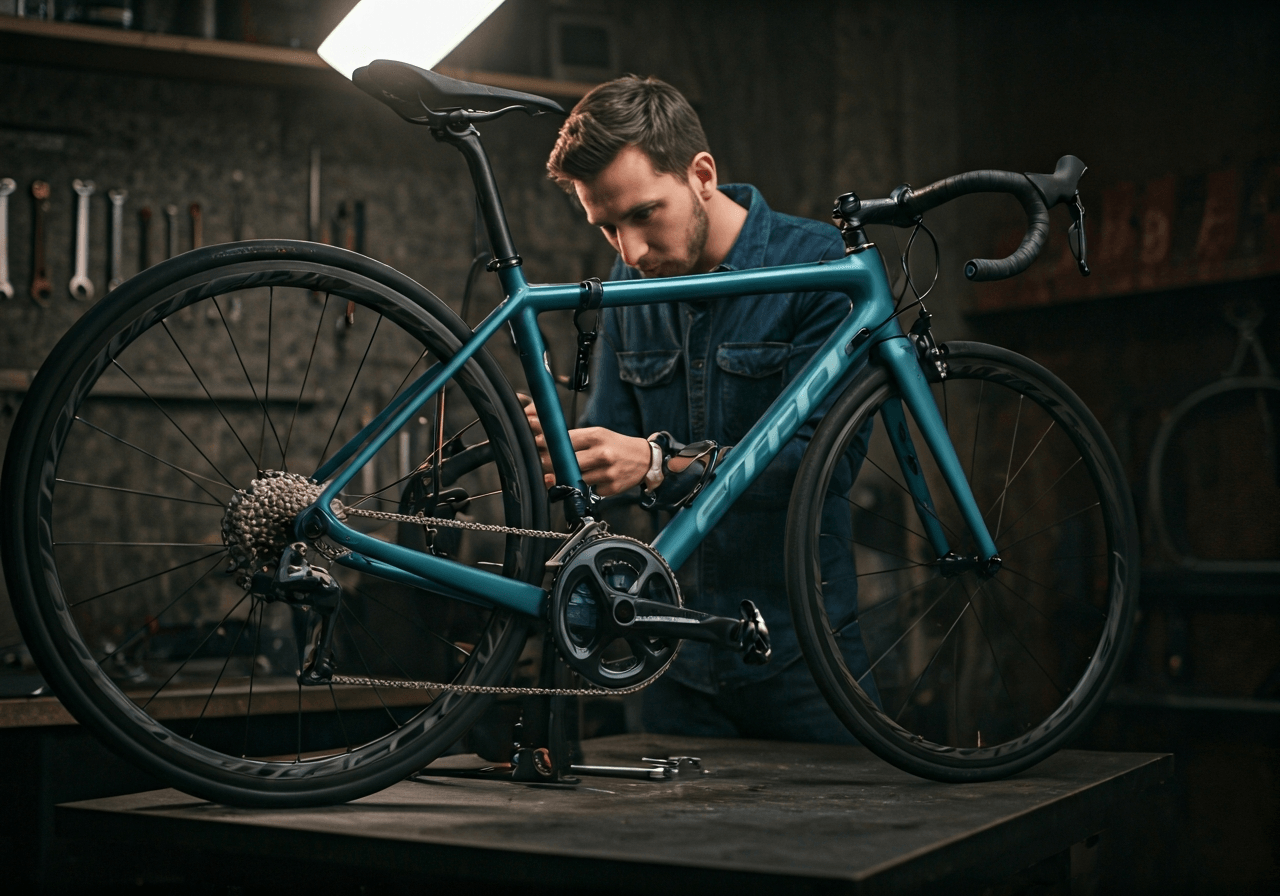 A professional bicycle mechanic carefully disassembling a road bike in a clean, minimalist workshop, soft natural light illuminating the precision tools and frame, editorial photography style, 85mm lens, high resolution, no text, no words, no letters.