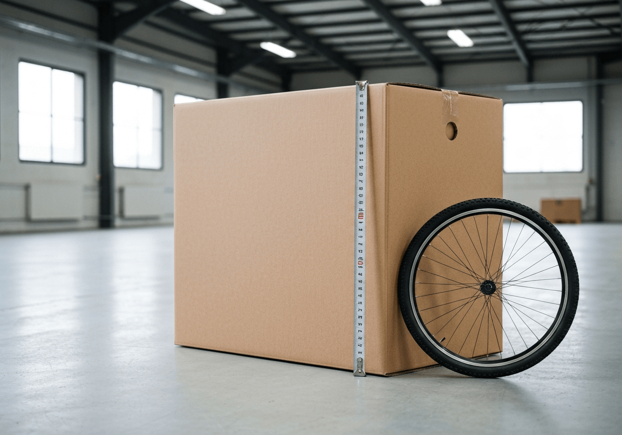 A professional measuring tape alongside a large cardboard bicycle box in a clean, minimalist warehouse, editorial photography, soft natural light, 85mm lens, high detail, no text, no letters