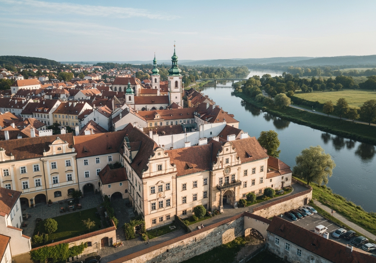 Aerial view of the historical center of Uherské Hradiště, Moravia, featuring traditional architecture and the Morava river landscape, soft natural morning light, cinematic editorial style, 85mm lens, high resolution, no text, no words