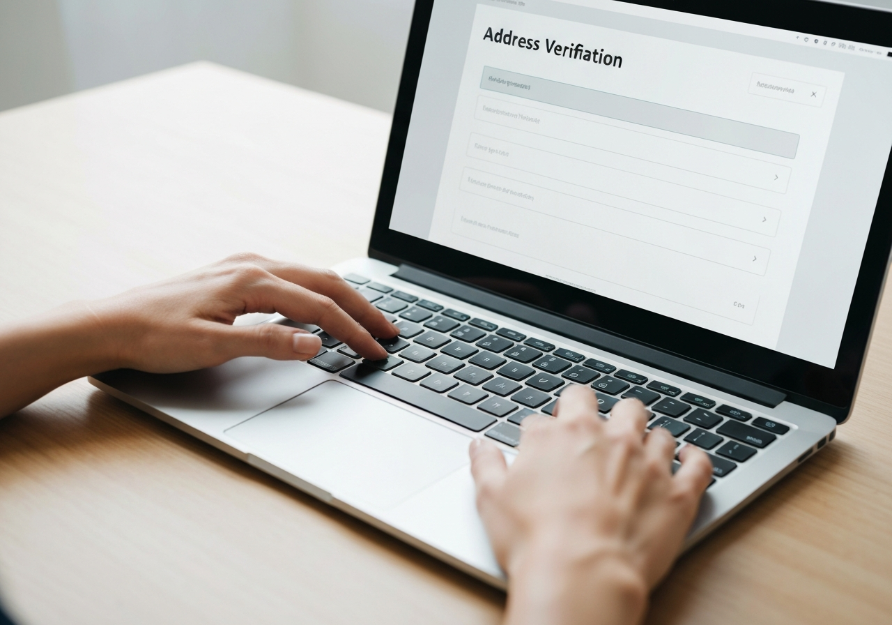 Close-up of a person's hands typing on a modern laptop keyboard, digital interface showing an address verification tool, clean workspace, soft natural light, premium editorial style, 85mm lens, no text, no letters