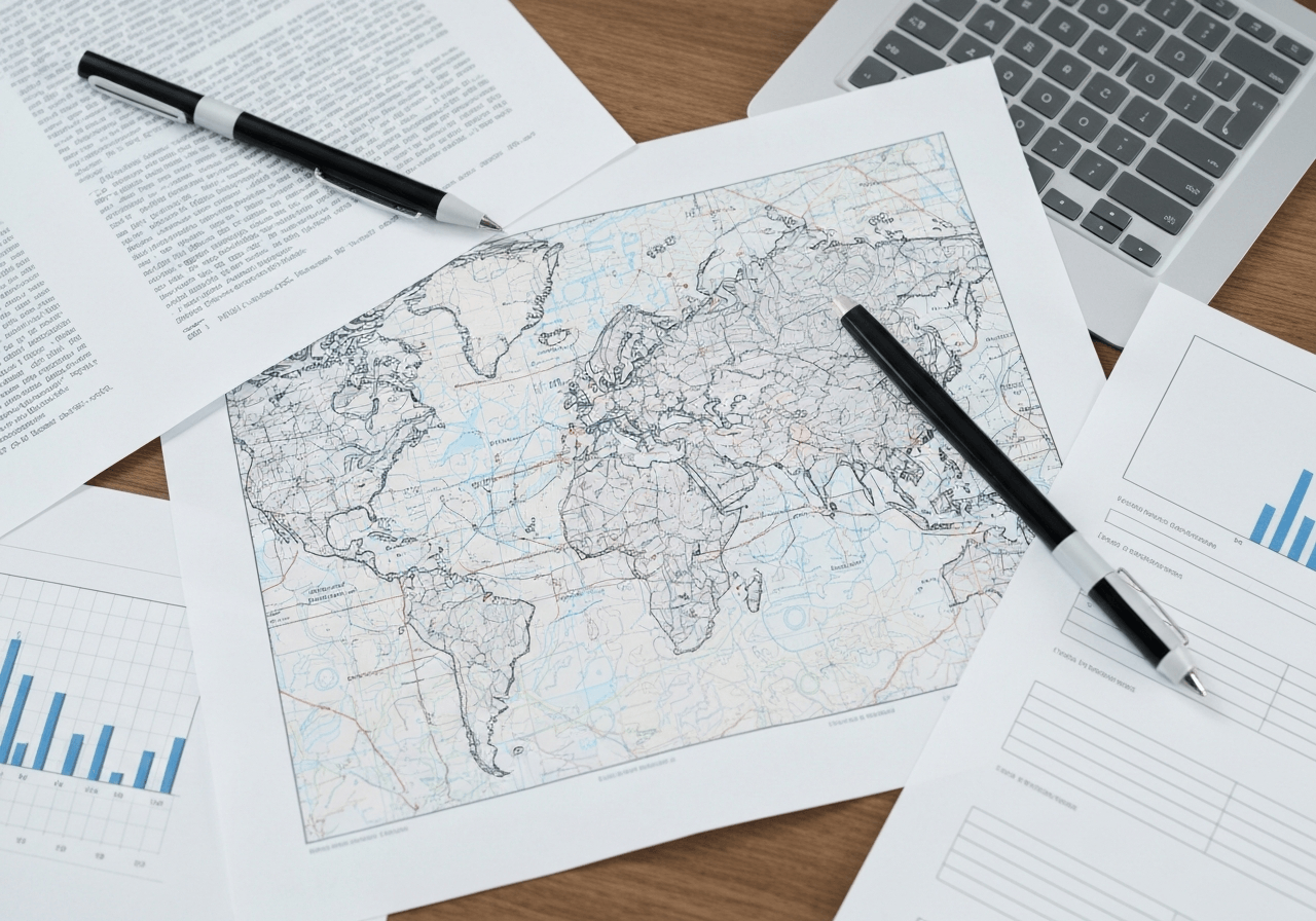 A conceptual top-down view of a complex digital map overlaying physical paper documents, professional cartography style, modern clean workspace, soft natural light, 85mm lens, highly detailed, no text, no letters