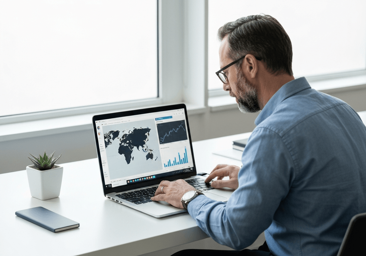 A professional data scientist working on a modern laptop showing complex geographic map visualizations, clean minimalist office desk, soft natural light, editorial photography style, 85mm lens, high quality, no text, no letters