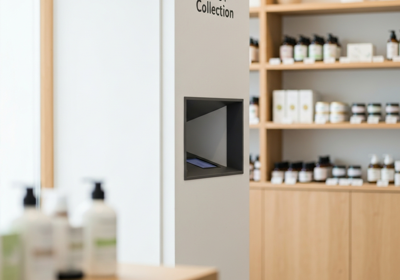A modern, minimalist parcel collection point inside a bright, clean retail space, shelves with natural wellness products in the background, soft natural sunlight, shallow depth of field, 85mm lens, professional photography, no text, no letters