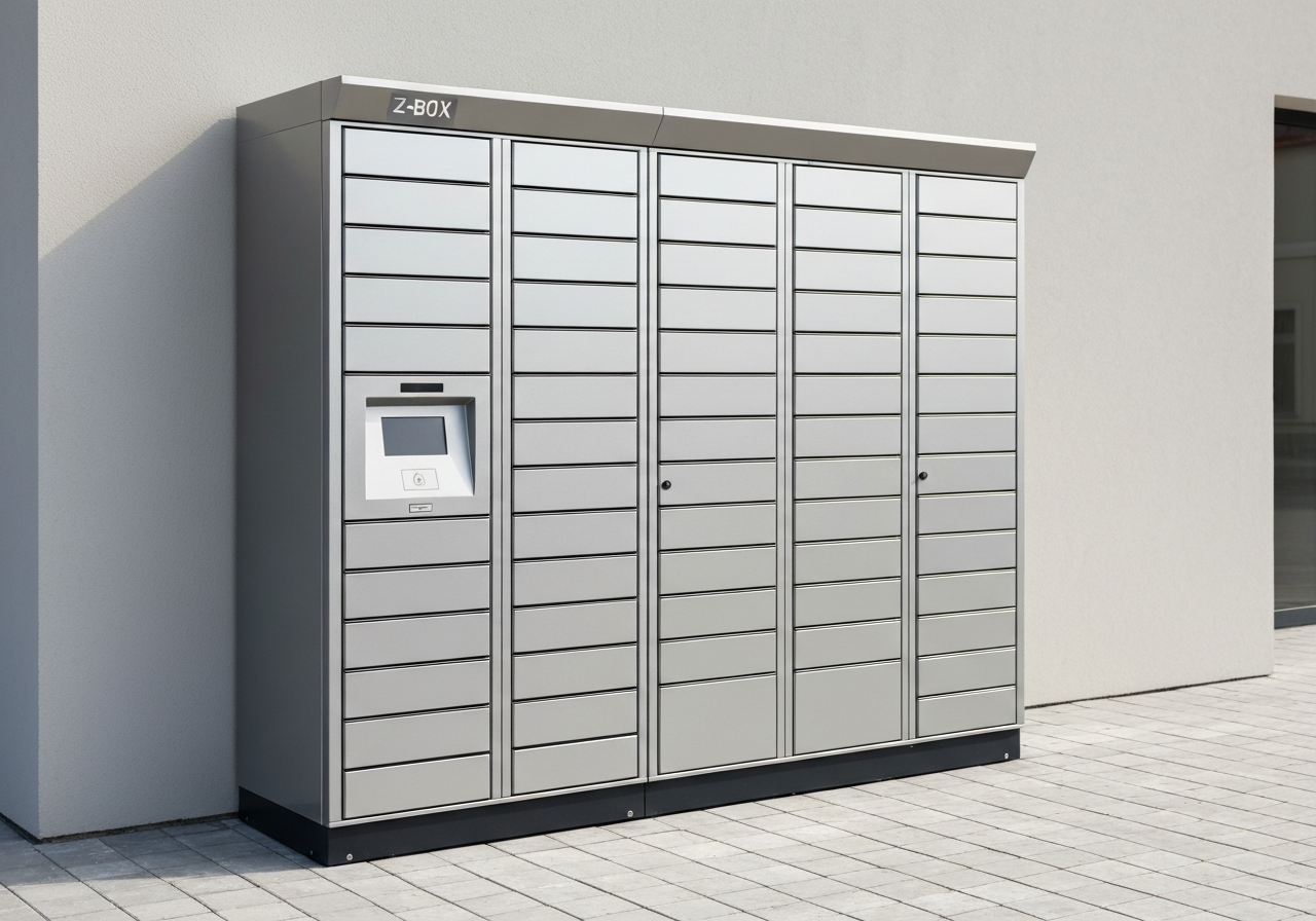 A sleek, modern Z-BOX automated parcel locker station placed in a clean, urban environment in Vsetin, editorial photography, soft natural light, depth of field, 85mm lens, high quality, no text, no words, no letters