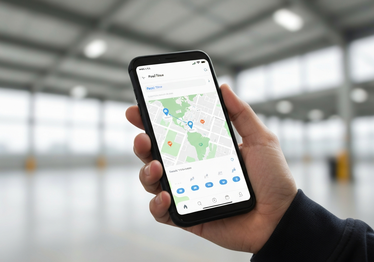 A close-up of a person's hand holding a smartphone showing a real-time parcel tracking map interface, blurred modern logistics hub background, clean professional aesthetic, soft natural light, 85mm lens, no text, no words, no letters
