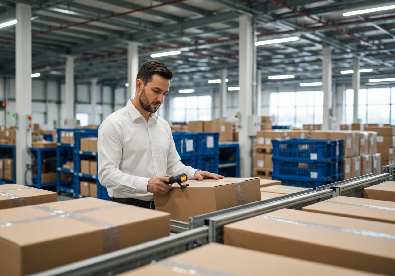 A professional logistics worker carefully scanning a parcel in a modern, clean, organized distribution hub, soft natural light, depth of field, 85mm lens, high resolution, no text, no words, no letters.