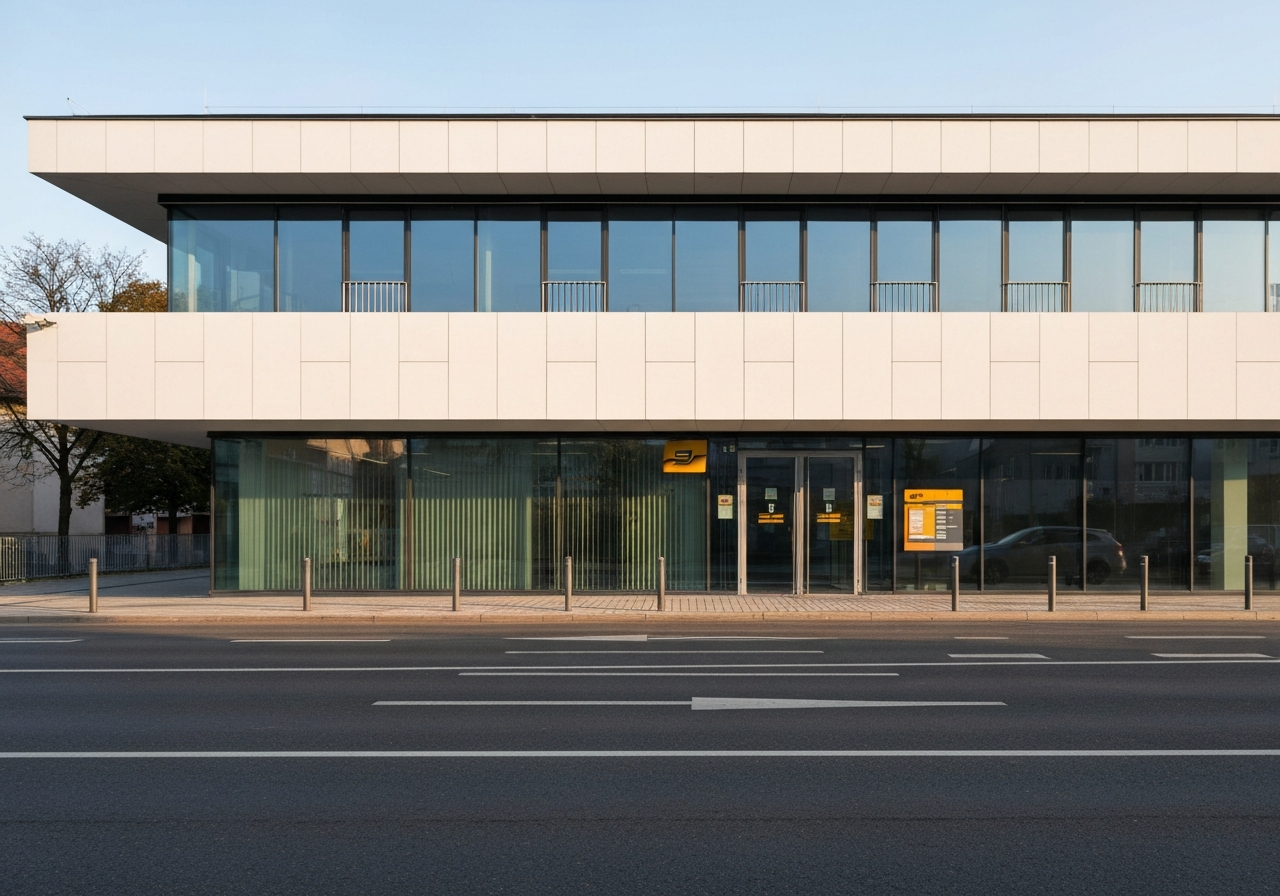 A professional exterior shot of a modern Czech post office branch, clean street architecture, soft morning natural light, 85mm lens, high resolution, no text, no letters.