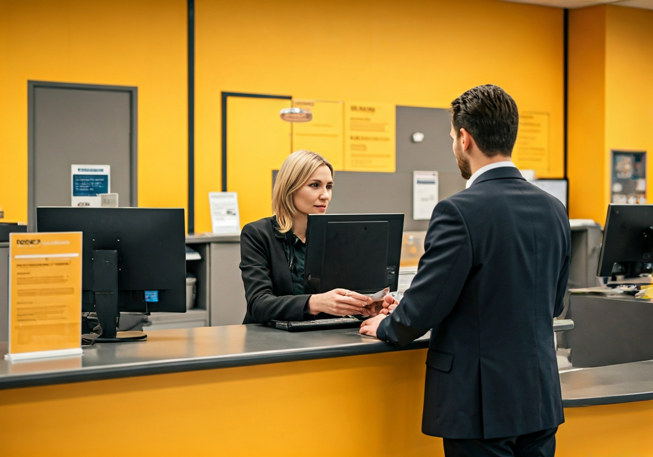 A professional, modern postal service counter with a citizen interacting with a clerk, clean and bright interior of a Czech post office, editorial photography style, 85mm lens, depth of field, natural lighting, no text, no words, no letters.