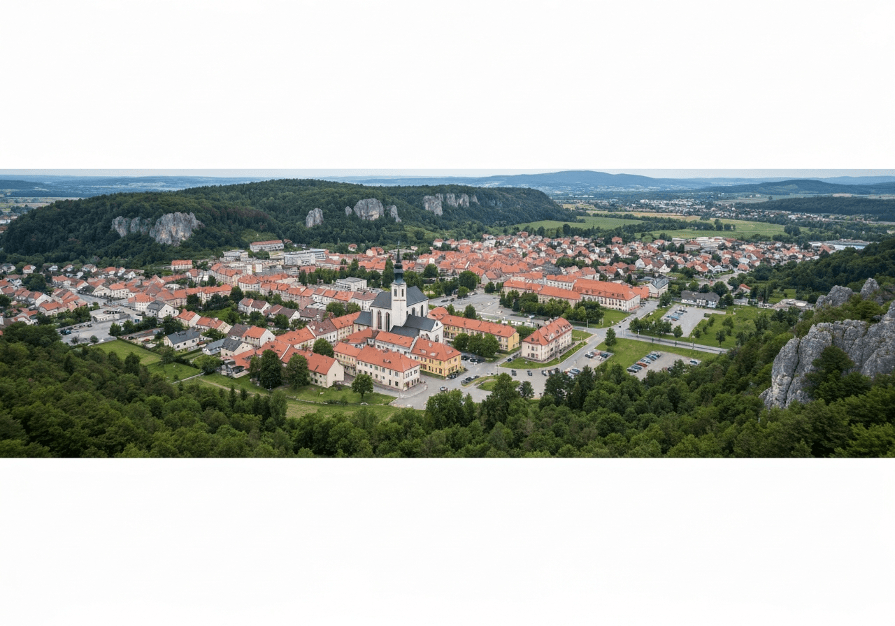 Aerial shot of the town of Blansko, Moravian Karst landscape in the background, modern, clean, editorial photography, soft natural light, 85mm lens, highly detailed, no text, no letters