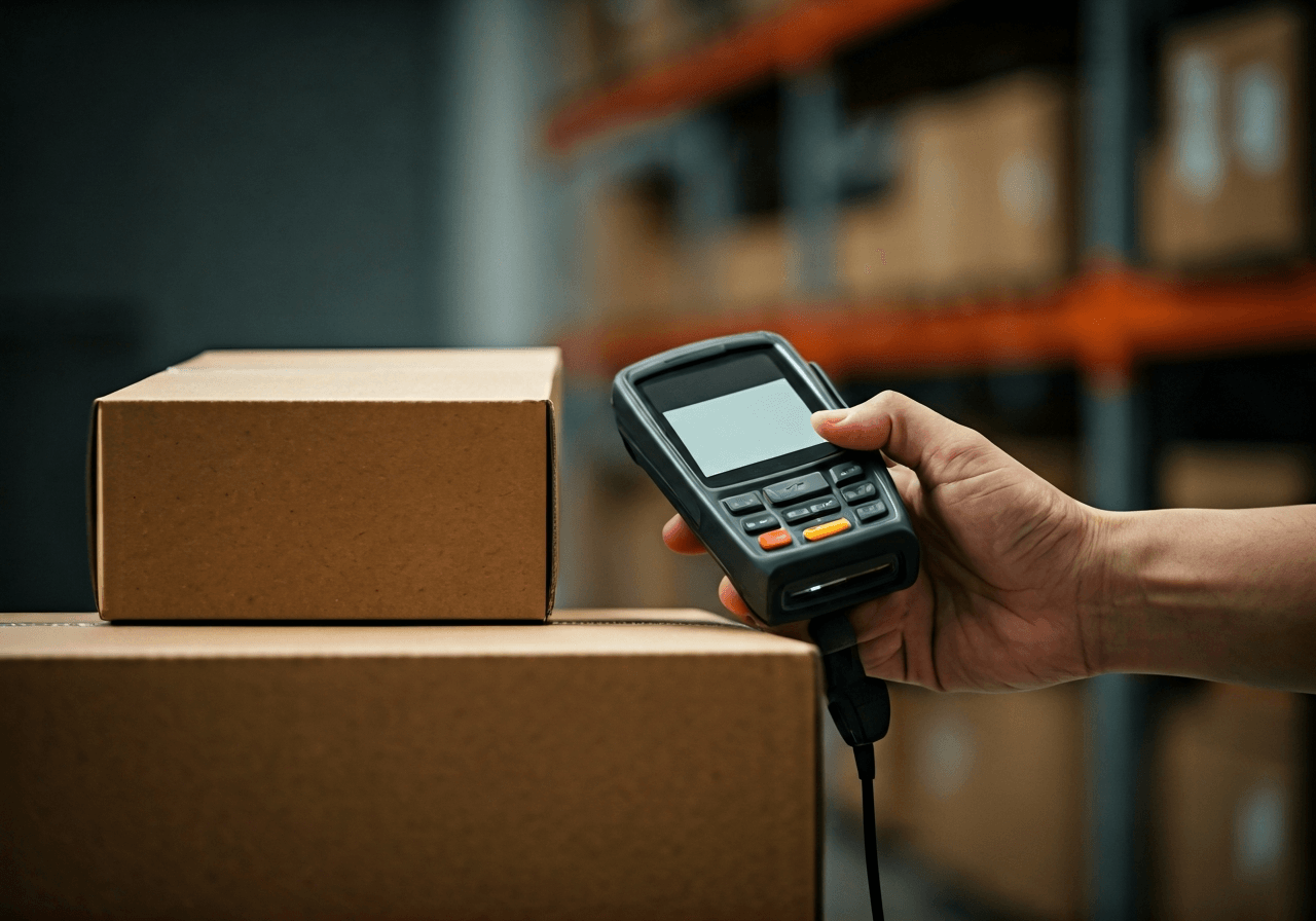 A professional logistics warehouse terminal with a close-up of a parcel being scanned by a modern digital handheld device, soft natural light, editorial aesthetic, 85mm lens, high resolution, minimalist and clean background, no text, no words, no letters.