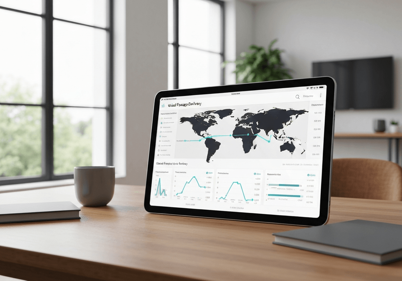 A professional logistics dashboard on a sleek tablet screen showing global package delivery routes and real-time status updates, modern minimalist home office environment, editorial photography, premium aesthetic, soft natural light, 85mm lens, highly detailed, no text, no words, no letters