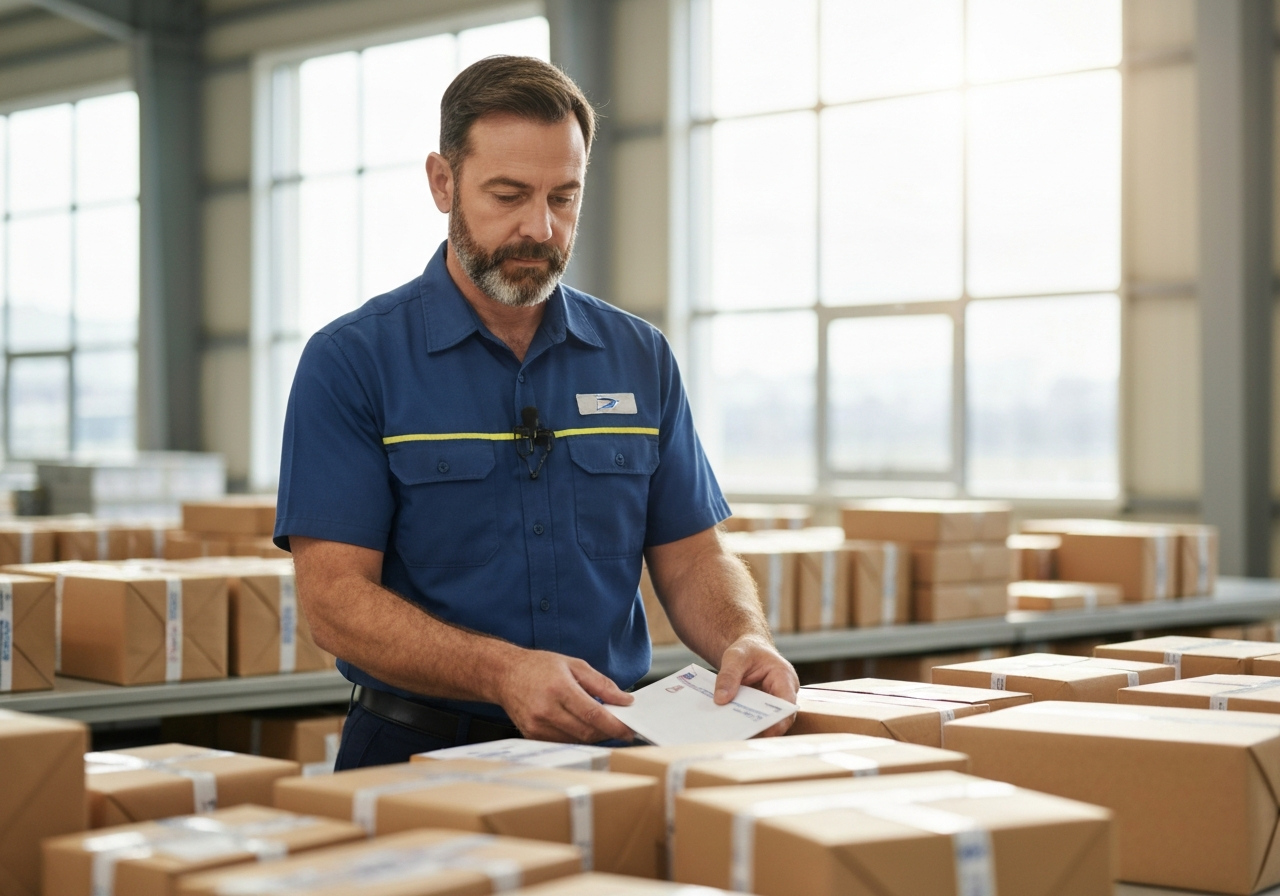 A professional postal worker sorting mail packages in a clean, modern distribution center, bright sunlight coming through windows, professional editorial style, 85mm lens, high resolution, no text, no letters, no labels.