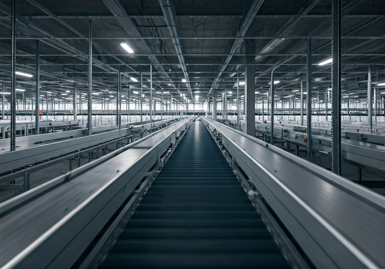 Automated logistics sorting facility interior, high-tech parcel conveyor belts, bright industrial lighting, editorial photography style, clean modern infrastructure, 85mm lens, highly detailed, no text, no letters