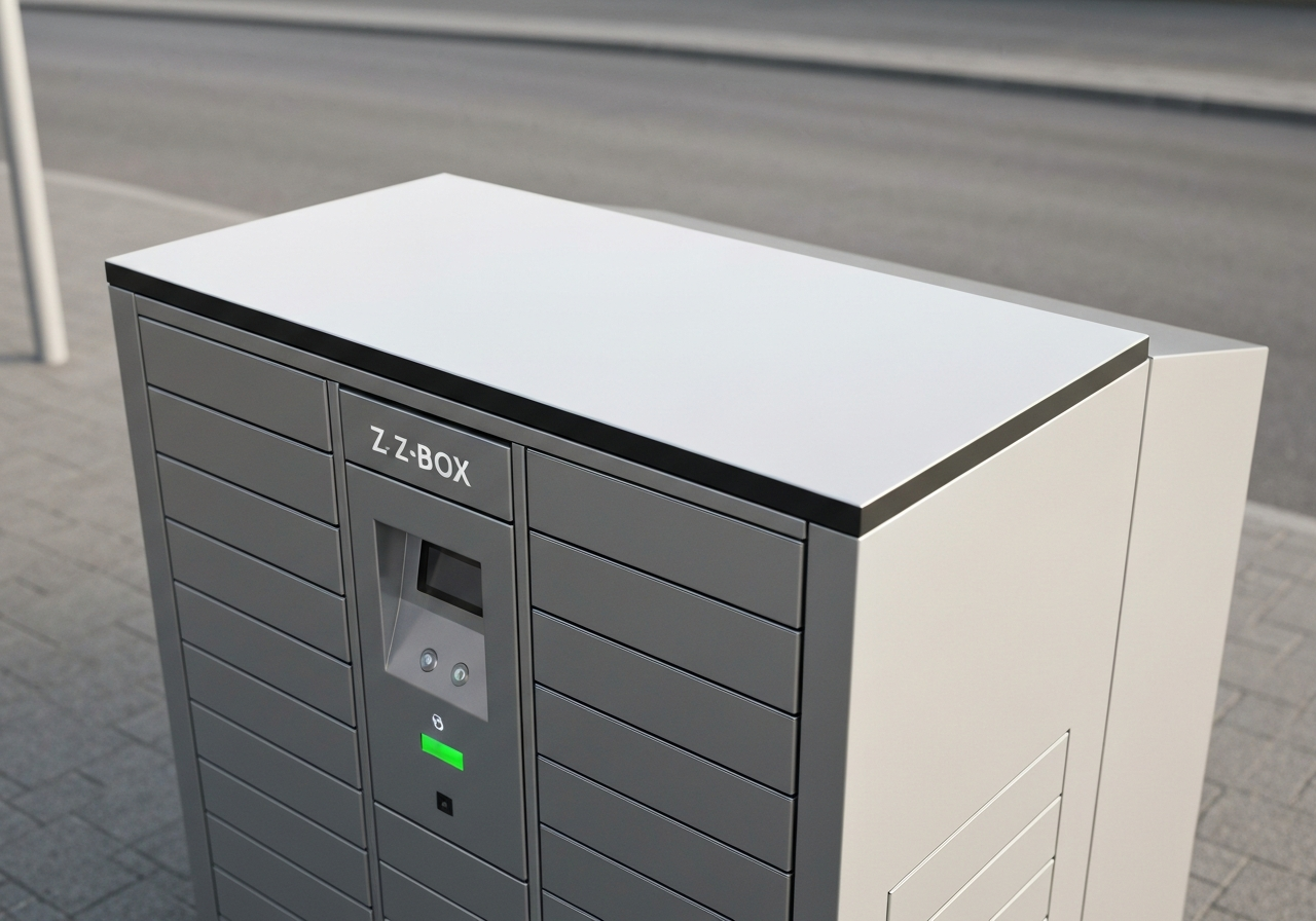 A high-angle close-up shot of a modern Z-BOX locker terminal in an urban outdoor setting in Liberec, clean aesthetic, depth of field, soft daylight, 85mm lens, highly detailed, no text, no words, no letters.