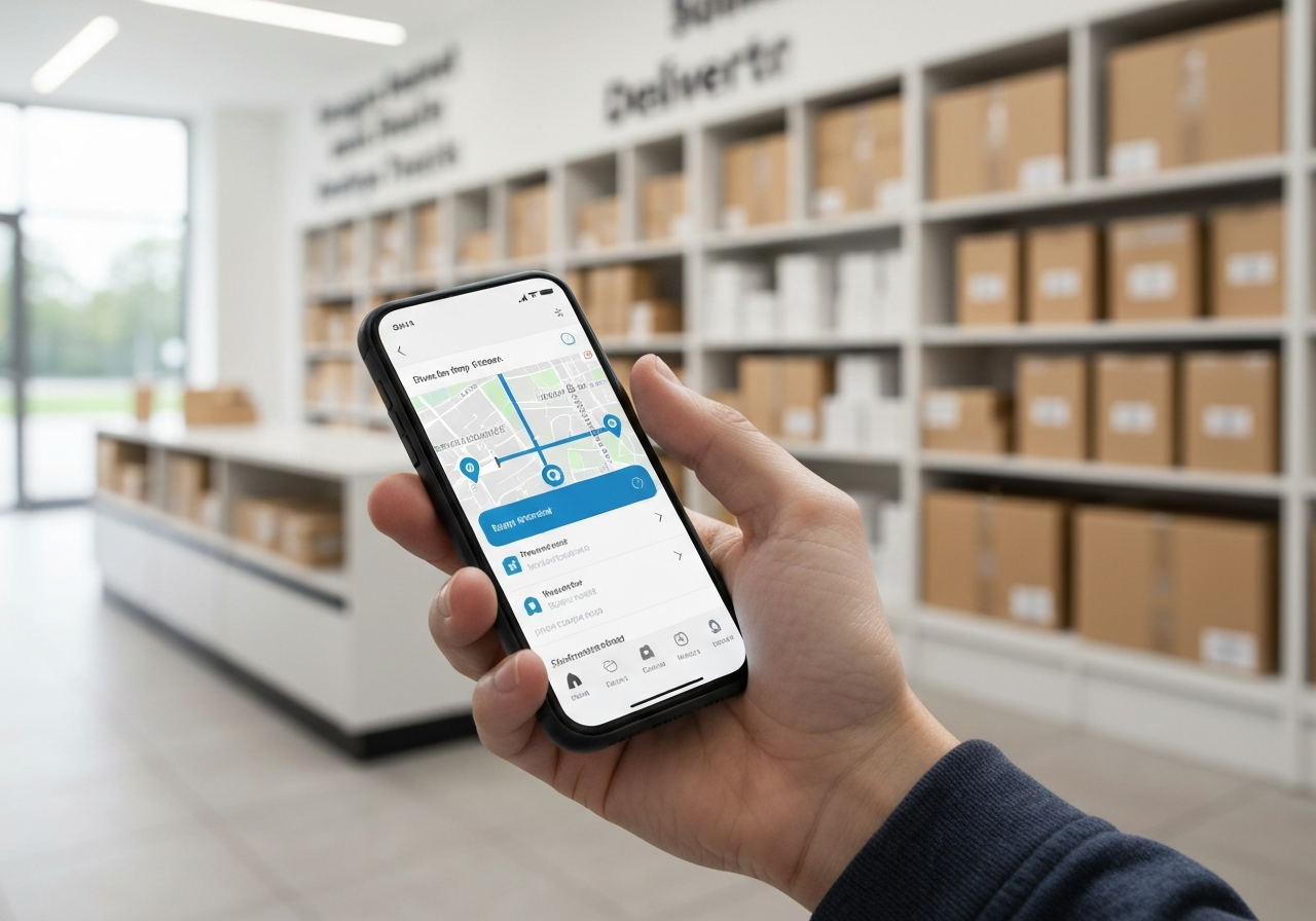 A close-up shot of a smartphone screen showing a delivery tracking app with a map interface, held by a person in front of a modern parcel shop, editorial photography, soft natural light, 85mm lens, highly detailed, no text, no letters