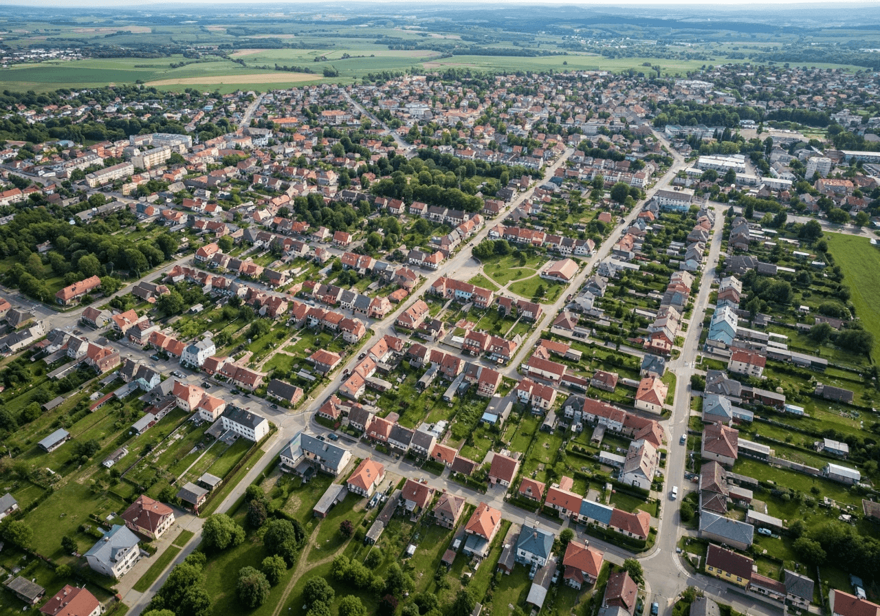 Hostivice PSČ: Rychlý přehled (zadáno za 5 sekund) 2 Aerial view of the town of Hostivice, Czech Republic, showcasing orderly residential streets and lush green surroundings, editorial photography, soft daylight, 85mm lens, high resolution, no text, no letters