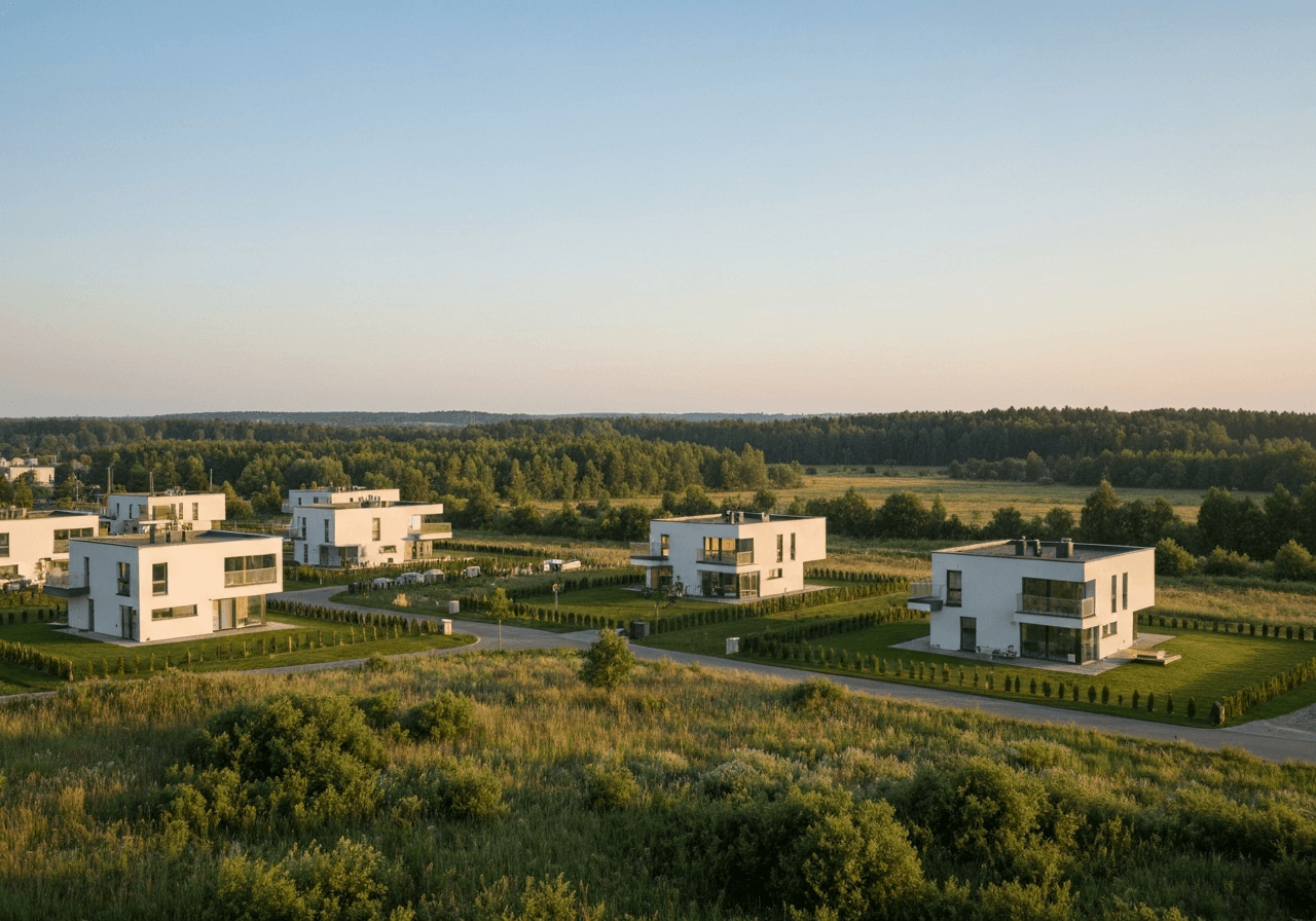 Hostivice PSČ: Rychlý přehled (zadáno za 5 sekund) 3 A panoramic view of the Hostivice landscape with modern residential architecture and nearby nature reserves, editorial photography, soft natural morning light, cinematic atmosphere, 85mm lens, high quality, no text, no letters