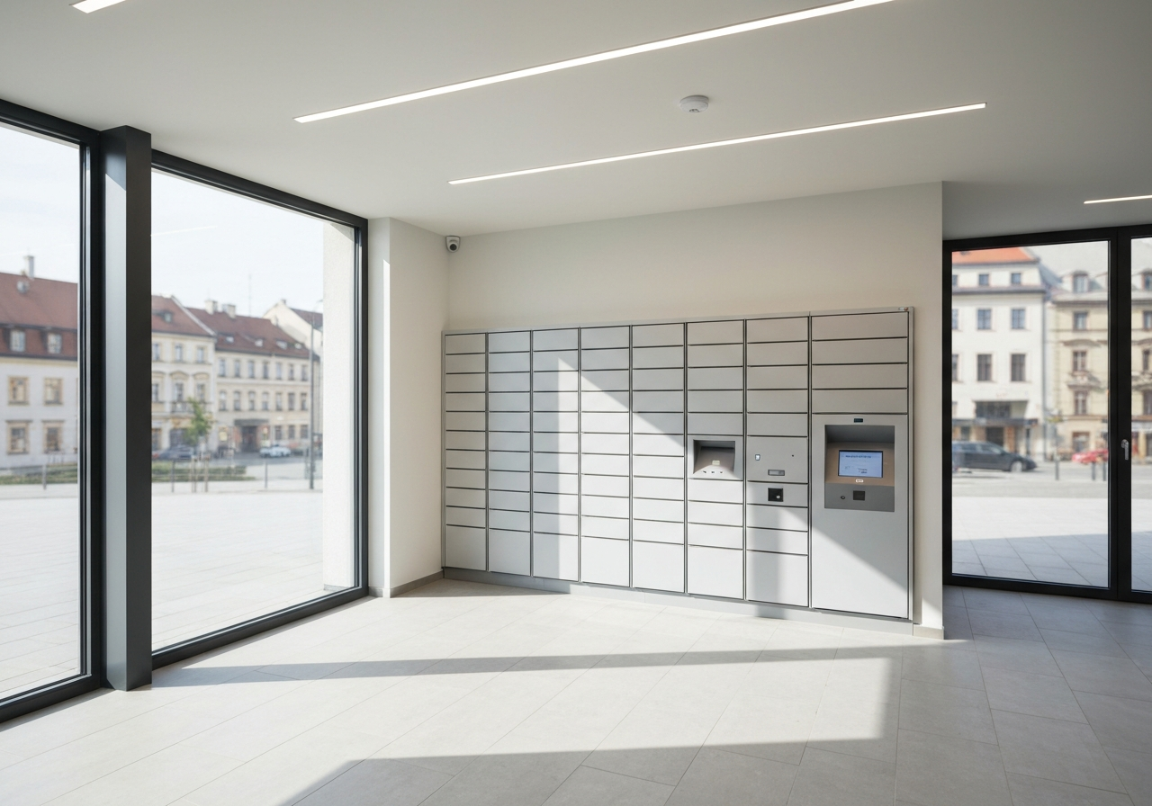 A professional courier service point in a modern urban environment in Opava, featuring a DPD parcel locker and a clean, minimalist retail interior, professional editorial photography, soft natural light, 85mm lens, high resolution, no text, no letters