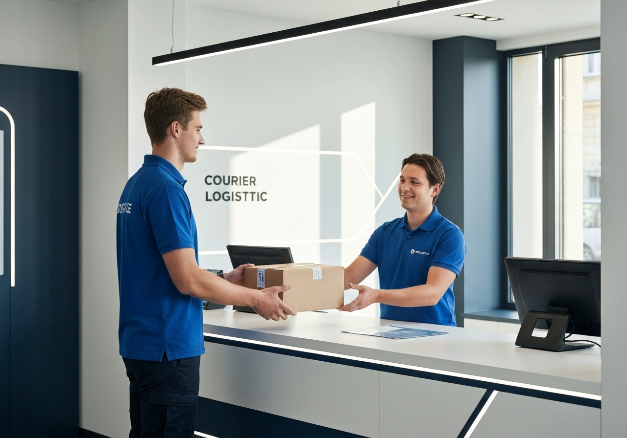 A professional courier service point in Opava with clean minimalist interior, a person handing over a parcel to a clerk, modern logistics branding, bright soft natural light, editorial photography style, 85mm lens, high resolution, no text, no words, no letters