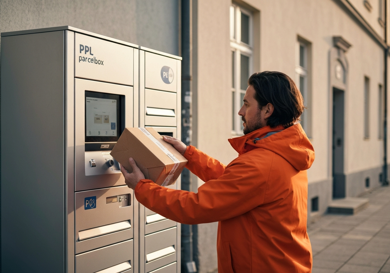 A professional courier placing a parcel into a modern PPL Parcelbox in an urban Olomouc setting, clean lines, high-tech interface, soft morning light, 85mm lens, depth of field, premium editorial style, no text, no words, no letters.