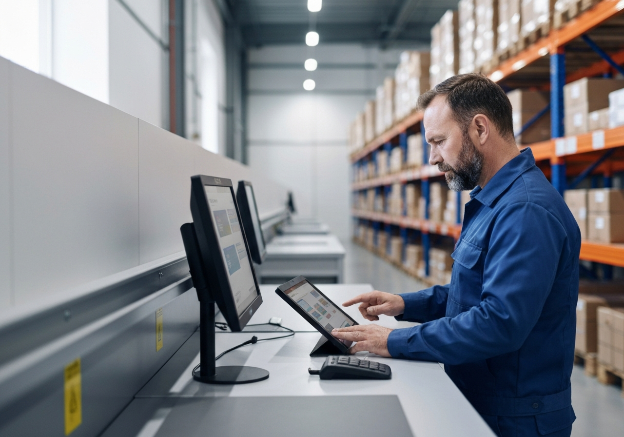 A professional logistics warehouse interior in Olomouc, modern digital interface on a tablet held by a worker, clean aesthetic, soft natural light, editorial photography style, 85mm lens, high resolution, no text, no words.