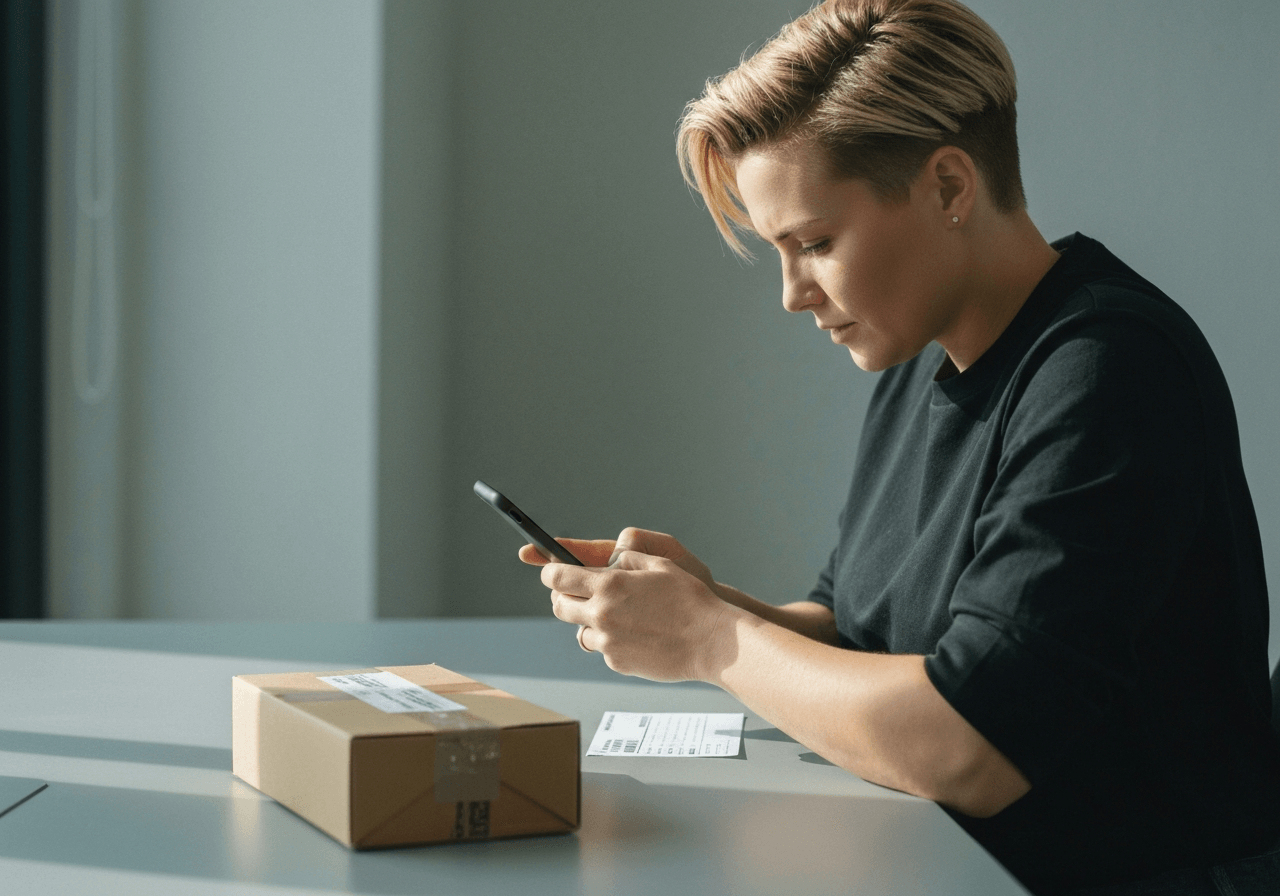 Close-up of a person using a smartphone to generate a shipping label, clean minimalist desk environment with a package, Editorial photography, modern, premium, soft natural light, 85mm lens, no text, no words, no letters