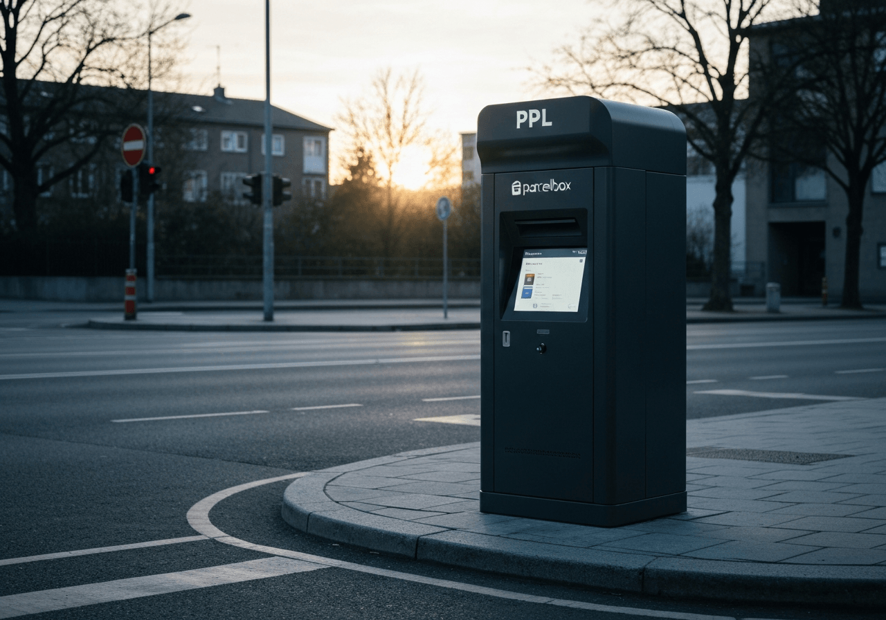 A clean, modern PPL Parcelbox station located on a minimalist urban street corner, early morning soft natural light, editorial photography style, focus on the interface screen, 85mm lens, high resolution, no text, no words, no letters