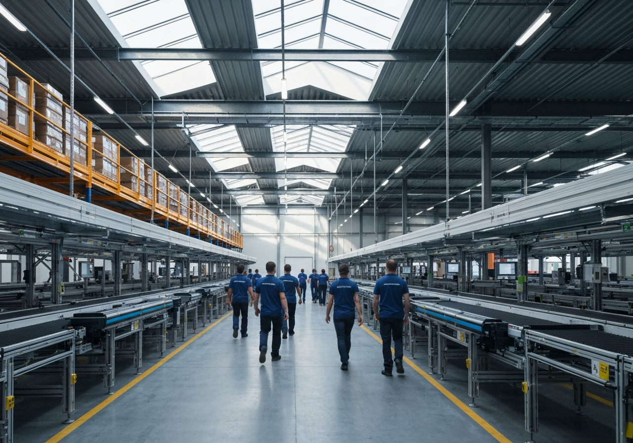 A professional logistics warehouse interior, modern automated sorting lines, staff in branded uniforms, clean industrial aesthetic, soft natural light, depth of field, 85mm lens, high-end editorial photography, no text, no letters.