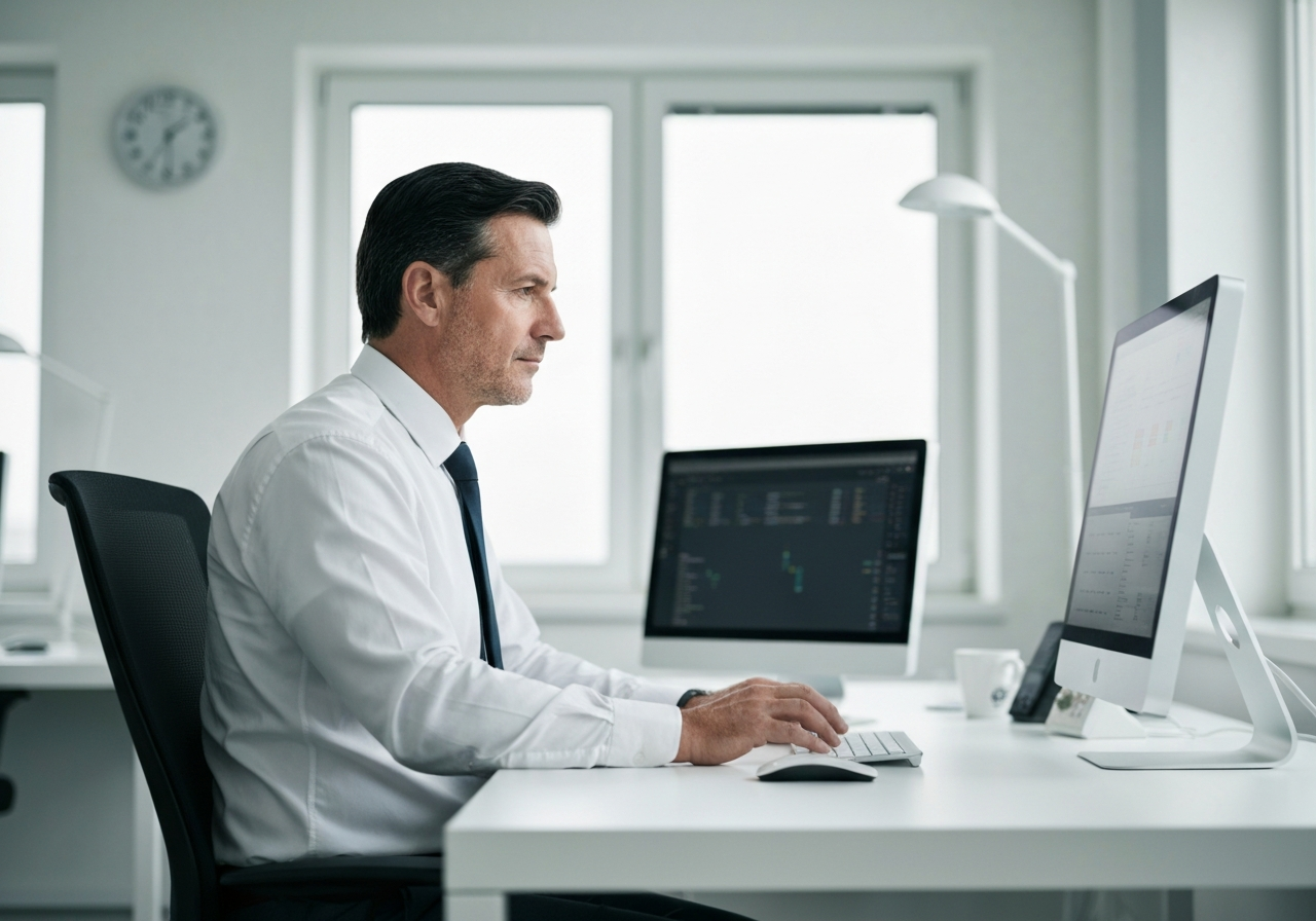 Editorial photography, a professional logistics manager working on a sleek modern workstation in a bright, minimalist office, focused on a large digital screen showing supply chain data, soft natural light, 85mm lens, highly detailed, no text, no words, no letters