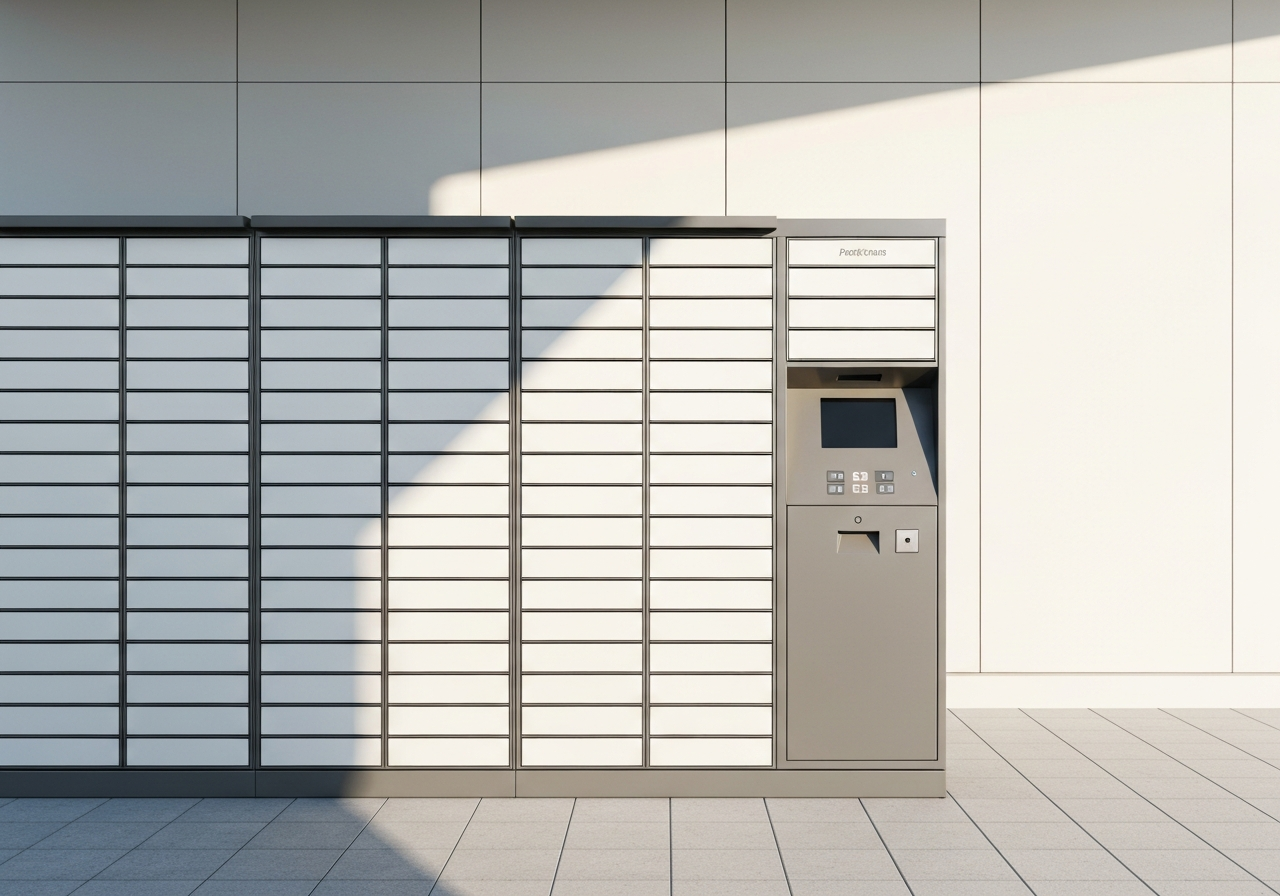 A sleek, modern industrial automated parcel locker standing in a minimalist outdoor setting, clean metal surfaces reflecting soft natural light, editorial photography style, 85mm lens, high resolution, no text, no letters.