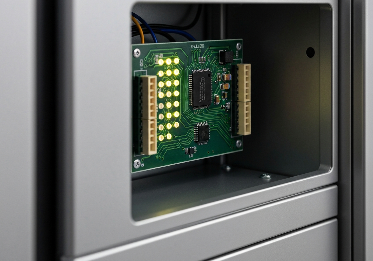 Close-up shot of integrated circuit board inside a smart delivery locker, glowing LED indicators, sleek metal casing, industrial tech aesthetic, editorial photography, 85mm lens, depth of field, neutral tones, no text, no letters
