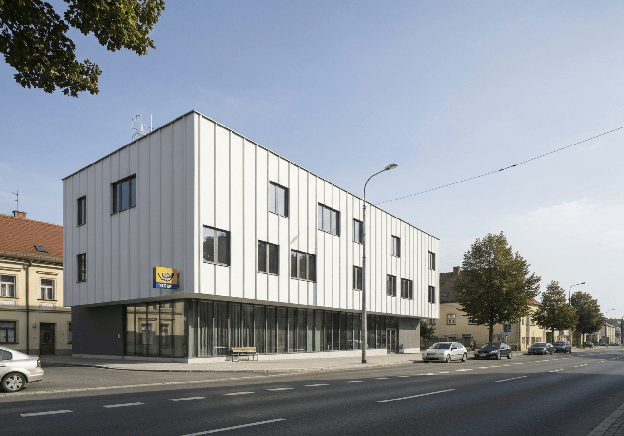 Exterior of a modern Czech Post office branch, clean street view in Libčice nad Vltavou, soft natural daylight, architectural photography, 85mm lens, high resolution, no text, no words, no letters