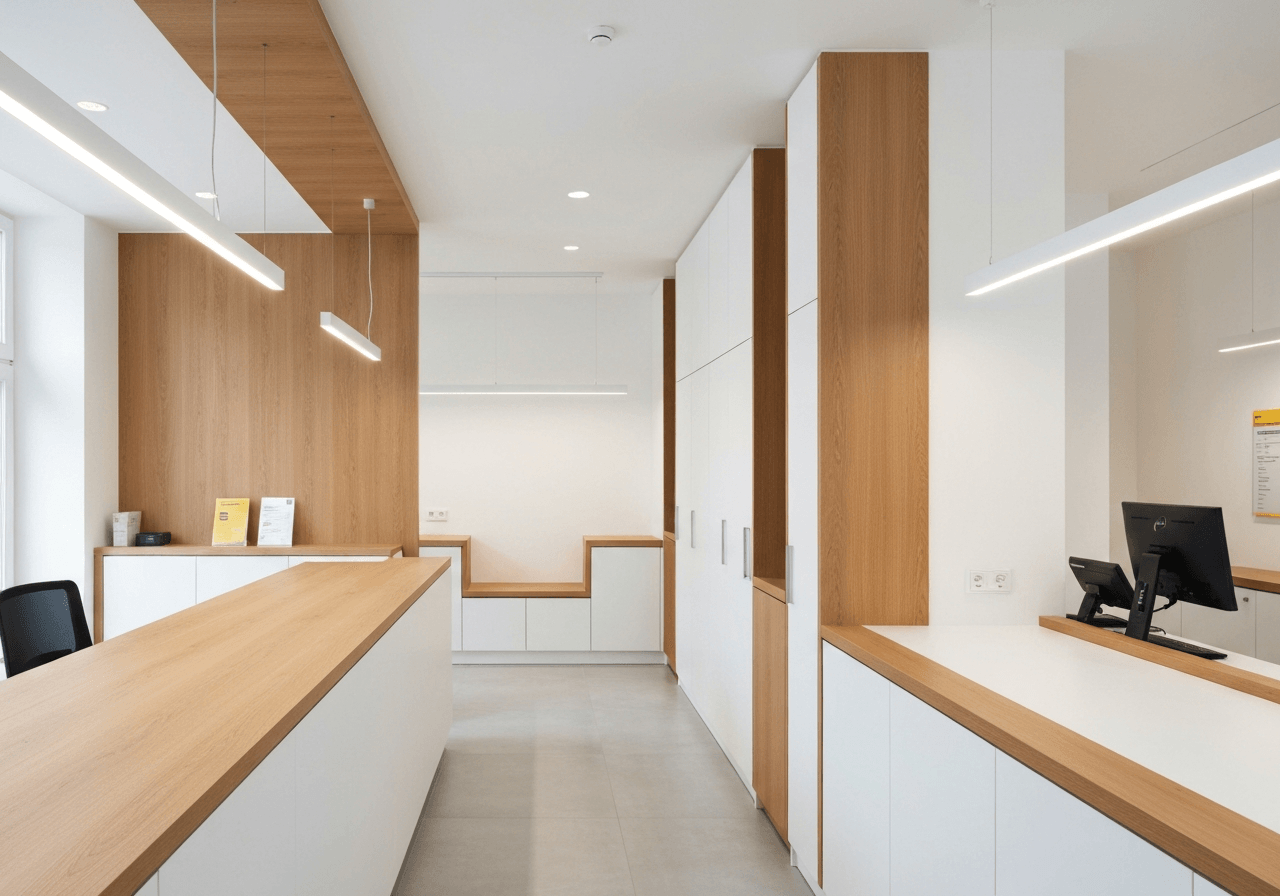 A sleek, modern local post office branch interior in the Czech Republic, minimalist wooden and white aesthetic, clean atmosphere, soft natural light, 85mm lens, high quality editorial photography, no text, no words, no letters