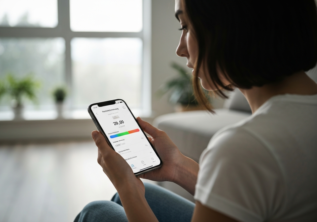 A close-up of a person holding a modern smartphone showing a package tracking app interface, in a clean minimalist living room, soft natural light, editorial photography, 85mm lens, high quality, no text, no letters