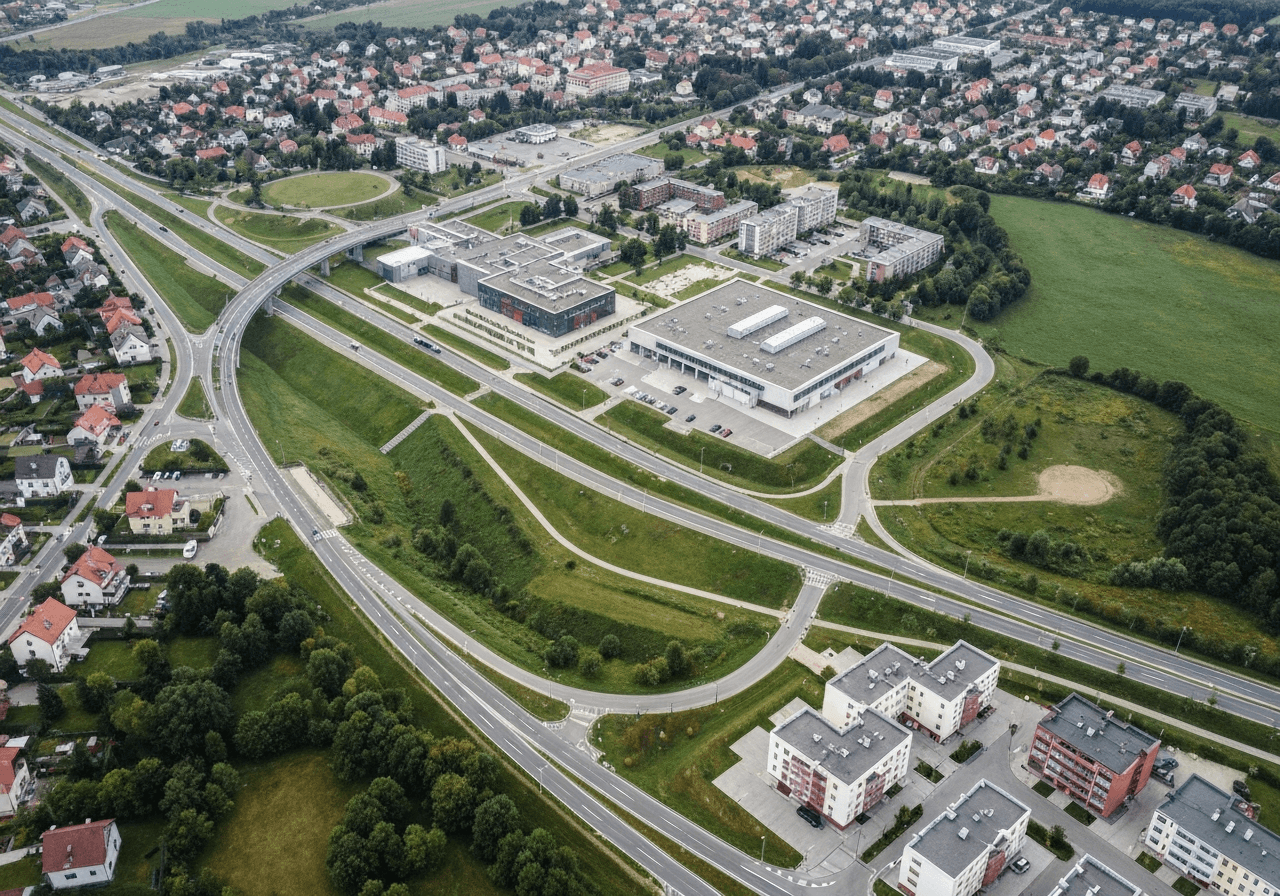 Aerial view of the modern infrastructure and landscape of Kurim, Czech Republic, clean editorial photography, soft natural light, 85mm lens, high detail, no text, no words, no letters