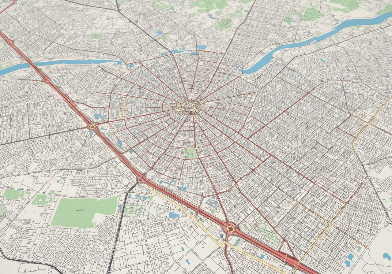 A detailed, high-angle top-down view of a modern city map layout showing precise street boundaries and postal zones, clean aesthetic, technical precision, soft natural light, editorial photography style, 85mm lens, high resolution, no text, no letters.