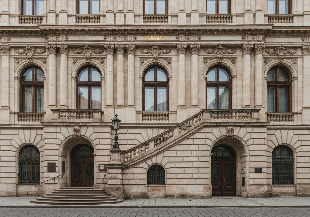 Detailed architectural photography of the ornate Neo-Renaissance facade of the Main Post Office building in Jindřišská street, Prague, cinematic soft natural daylight, 85mm lens, high resolution, no text, no words, no letters