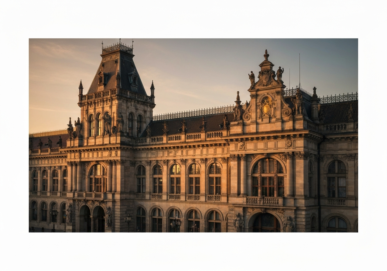 Detailed architectural photography of the Main Post Office facade in Prague, golden hour lighting, cinematic atmosphere, historical details captured with 85mm lens, sharp focus, professional color grading, no text, no words, no letters.