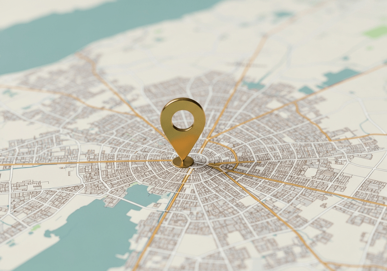 A professional conceptual shot of a modern city map of Litoměřice with a gold pin marker on the center, clean minimalist background, soft natural lighting, editorial photography style, 85mm lens, high resolution, no text, no letters