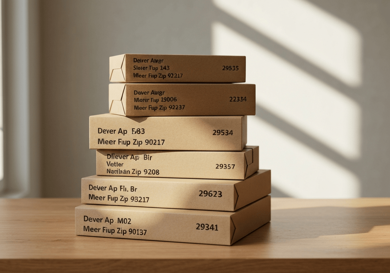 A neat stack of neatly addressed cardboard parcels on a minimalist wooden table, focus on the clearly written address and zip code, soft natural window light, editorial photography, 85mm lens, clean background, no text, no letters.