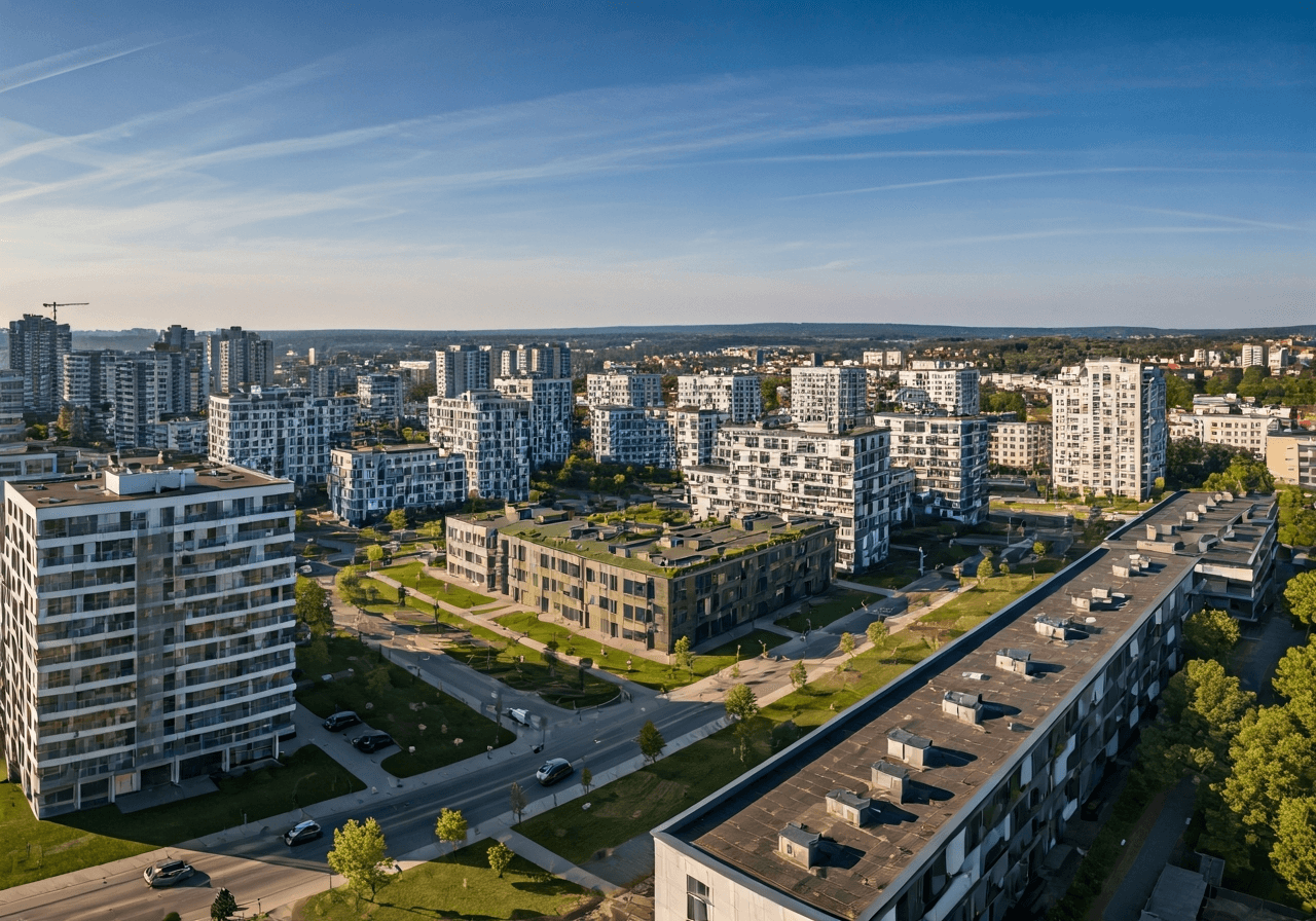 Aerial view of Brno Lesna district, modern urban planning, green residential blocks, editorial photography, soft natural light, 85mm lens, high detail, no text, no words, no letters