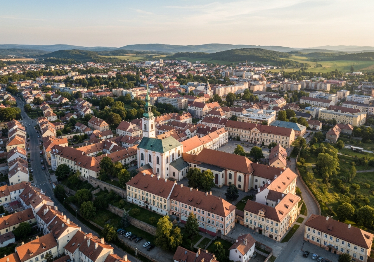 Aerial view of the historical city of Louny, Czech Republic, nestled in the scenic landscape of the Ustecky region, modern editorial style, high dynamic range, soft natural golden hour lighting, 85mm lens, no text, no words, no letters