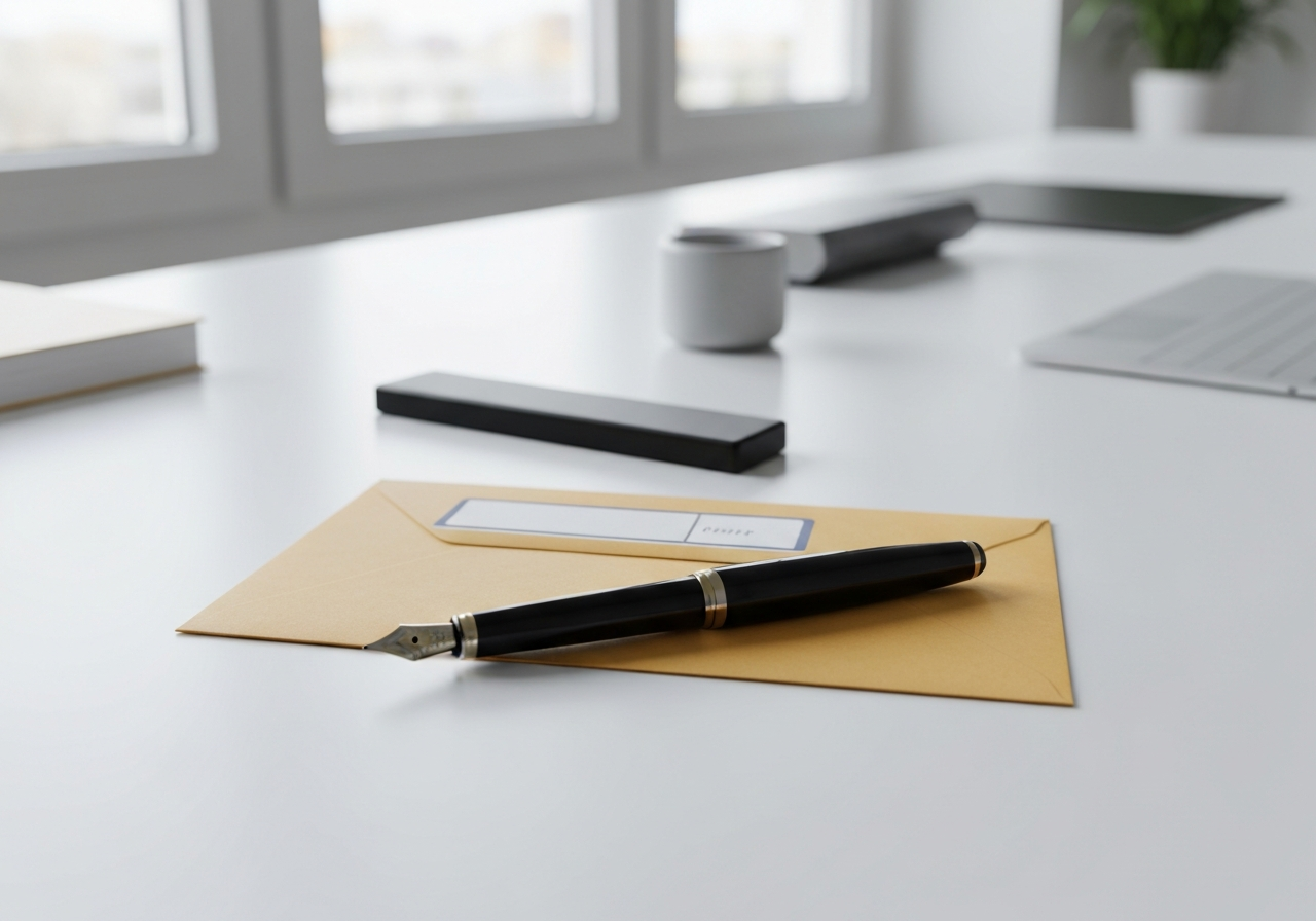 A high-angle close-up shot of a modern organized desk with a vintage fountain pen and a perfectly labeled envelope, bright minimalist office environment, soft natural light, 85mm lens, high resolution, no text, no letters, no words
