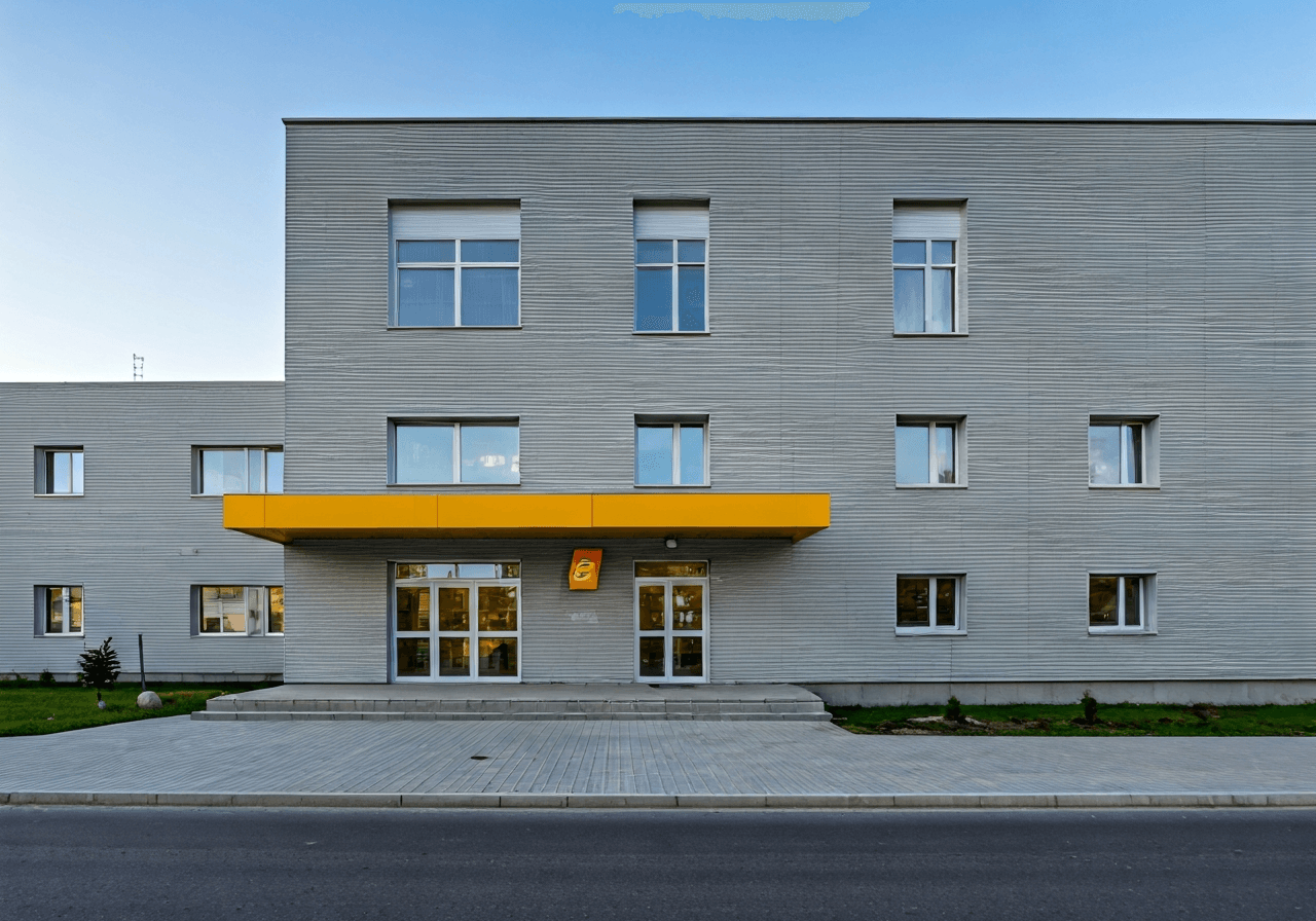 Editorial photography, the exterior of a modern local post office building in Meziboří, clean architectural lines, soft natural daylight, 85mm lens, high resolution, no text, no letters