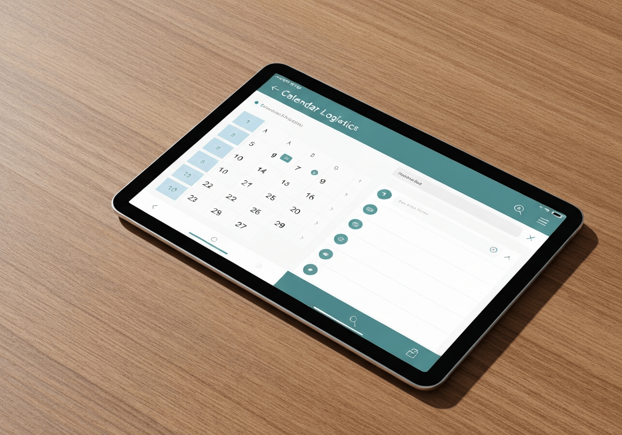 Close-up of a digital tablet showing a clean, modern calendar and logistics app interface, soft natural lighting on a minimalist wooden desk, professional atmosphere, 85mm lens, highly detailed, no text, no words, no letters.