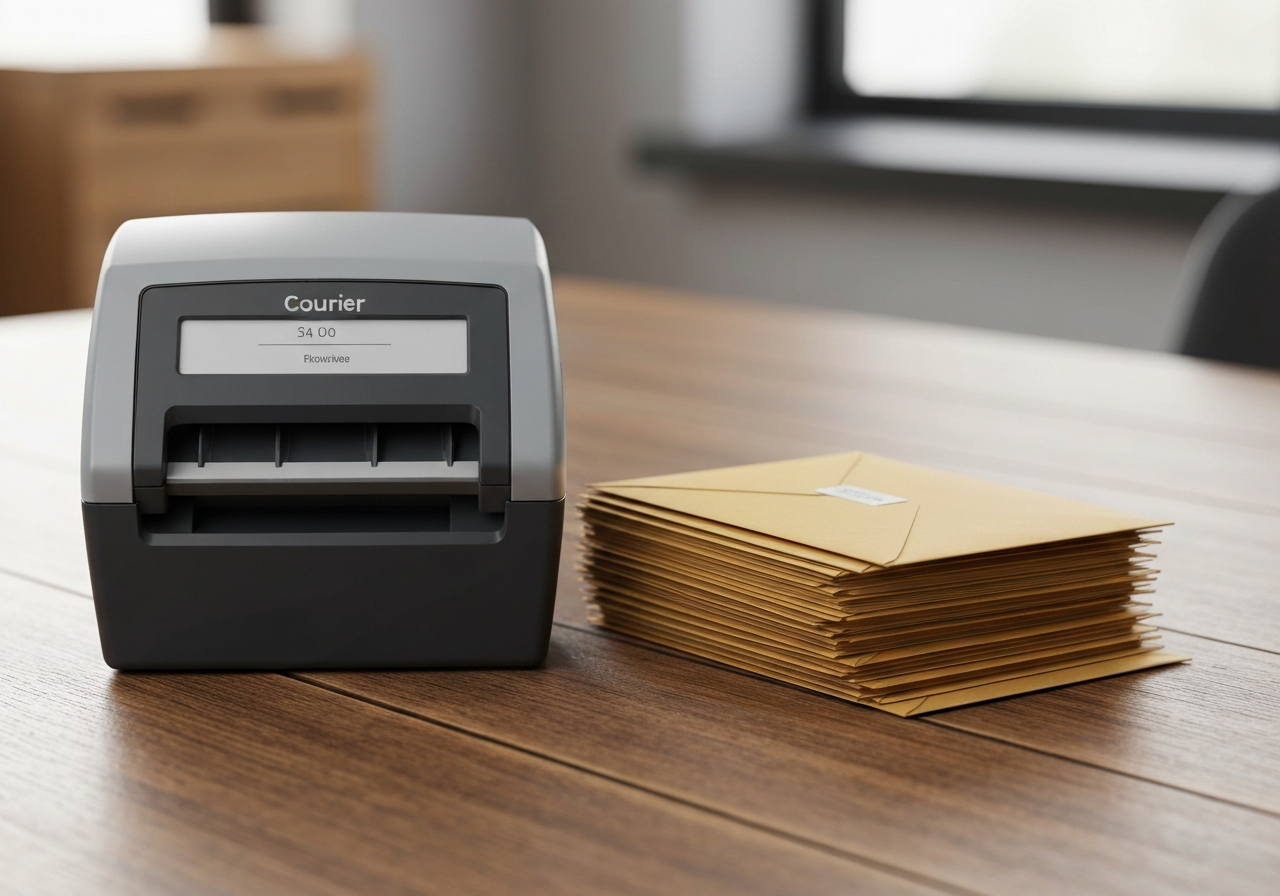 A professional close-up shot of a modern courier scanner next to a neatly arranged stack of addressed envelopes on a rustic wooden desk, blurred background of a cozy office, soft natural light, editorial photography style, 85mm lens, 4k, no text, no words, no letters