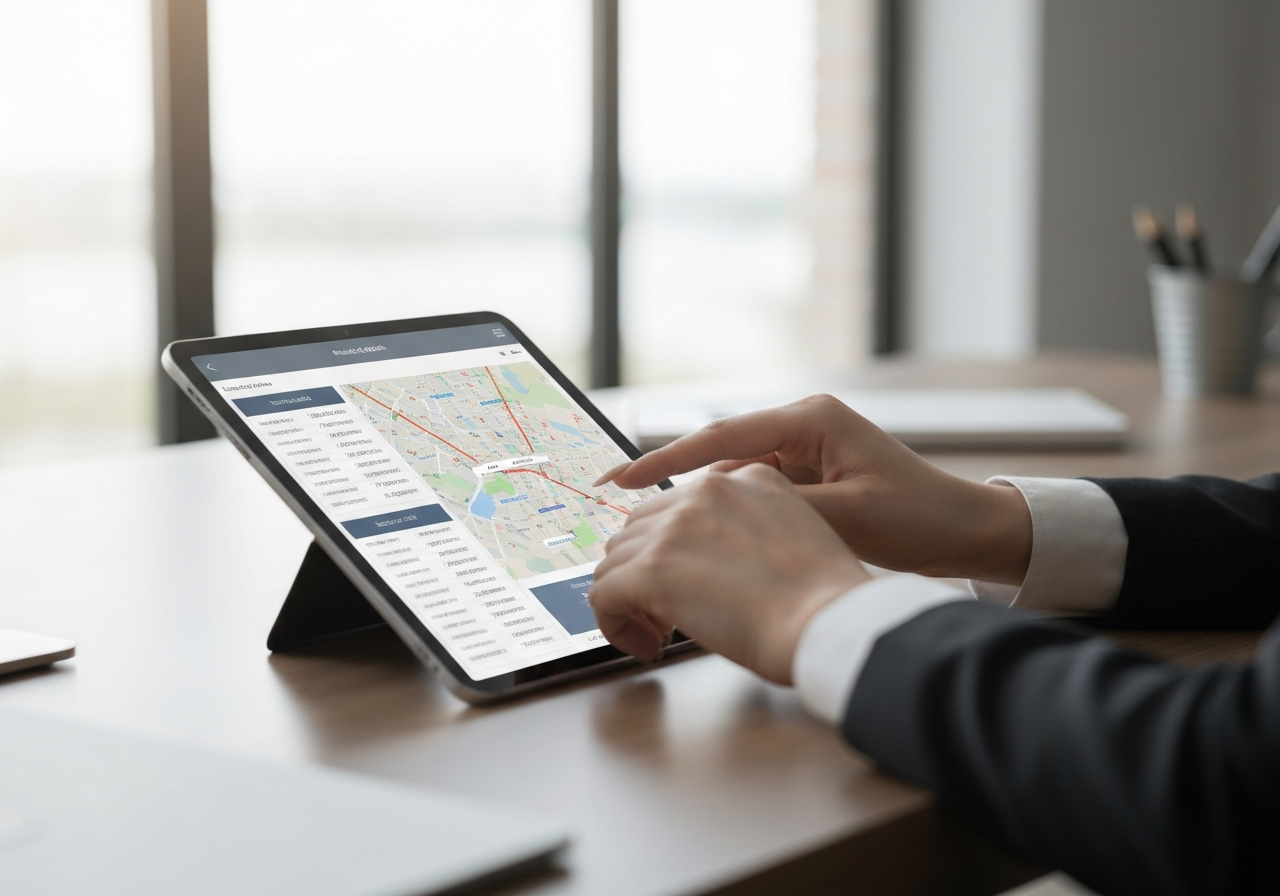 A professional hands interacting with a clean, modern digital interface on a tablet showing postal code maps, desk environment, soft natural light, 85mm lens, minimalist and premium aesthetic, no text, no words, no letters